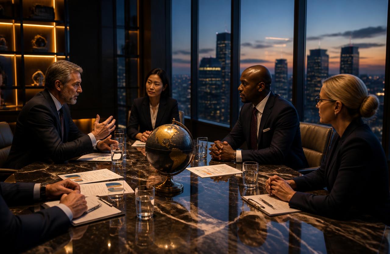 International investors discussing global strategy in an executive boardroom
