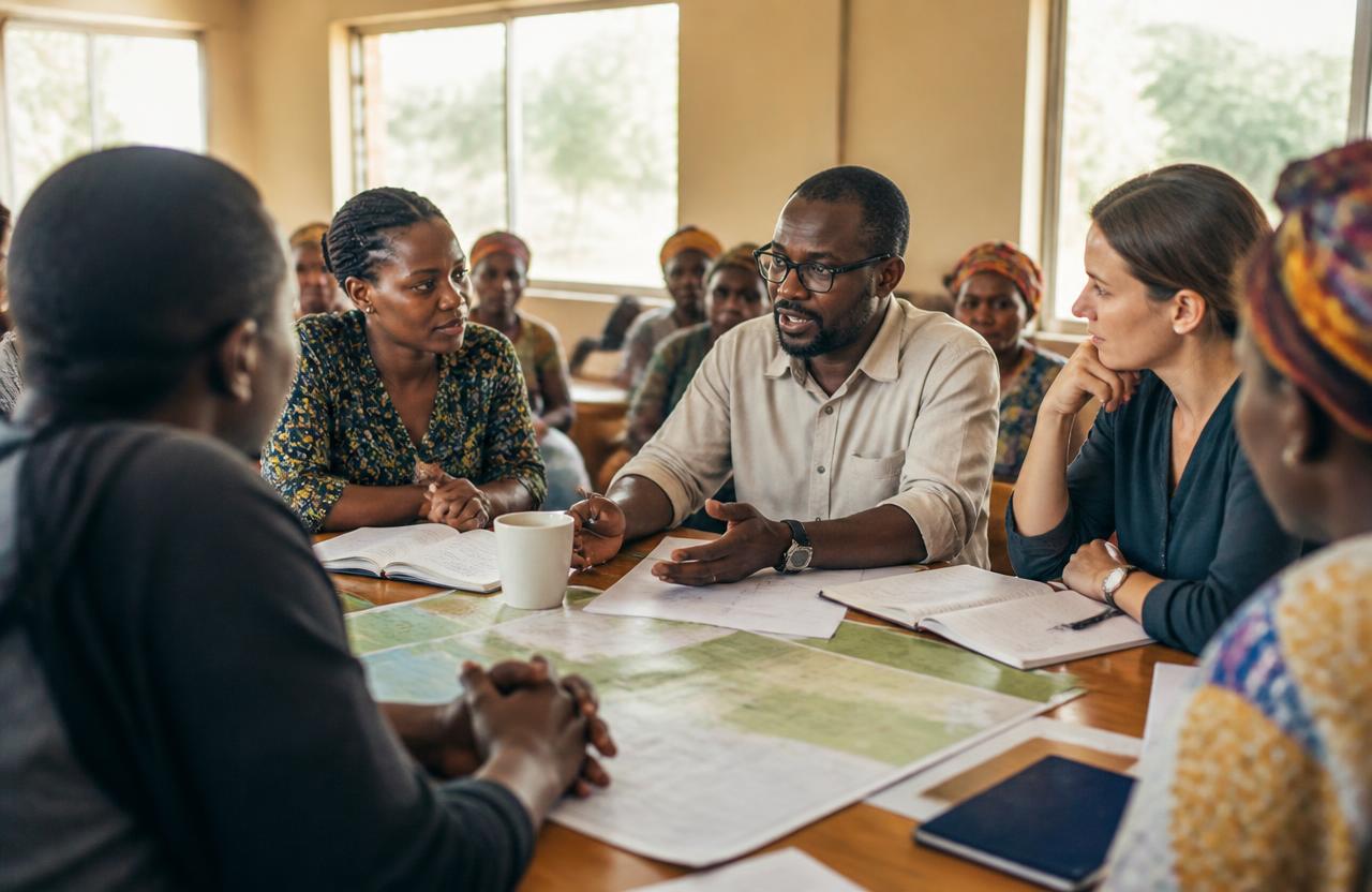 Community development meeting with local leaders and NGO staff around a map