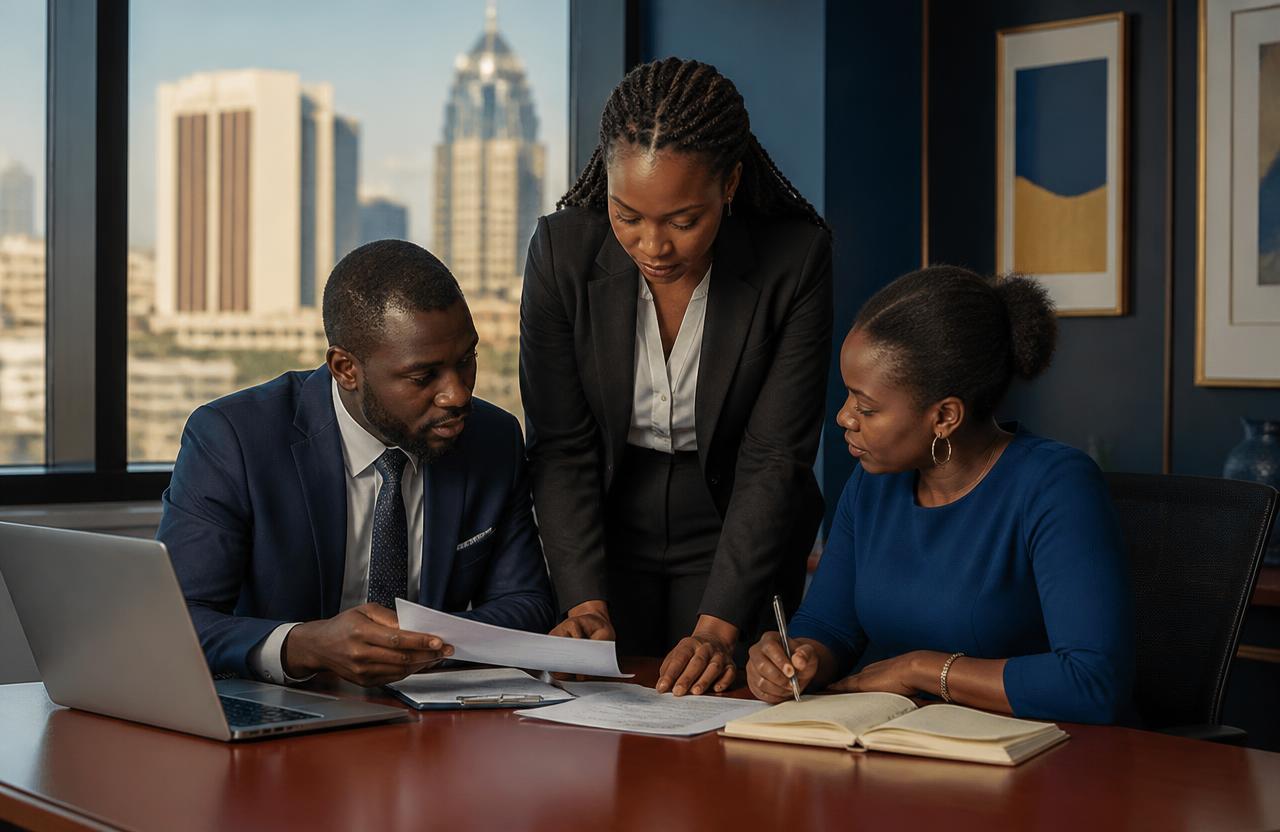 Professional business team reviewing financial documents in a modern African office